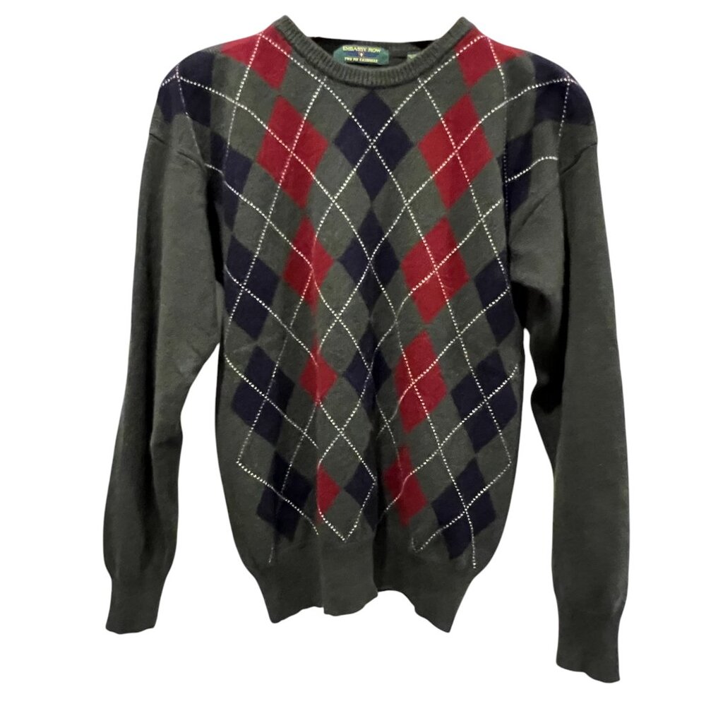 Embassy Row Argyle Cashmere Wool Crew Sweater, Green Navy Maroon, M